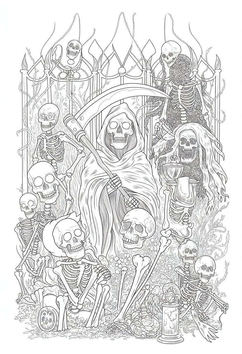 Gothic Coloring Pages for Adults: Top 20 Designs to Download as PDF and Png Files. 36 A scene with a Grim Reaper holding a scythe surrounded by several skeleton figures and gothic architectural elements.